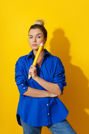 Cheerful woman wearing blue shirt holding giant pencil on yellow backgroundの写真素材