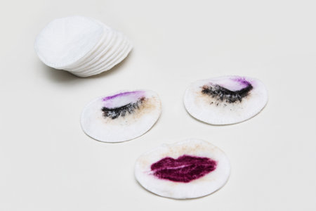 Cotton pads with traces of makeup and makeup removal routineの写真素材