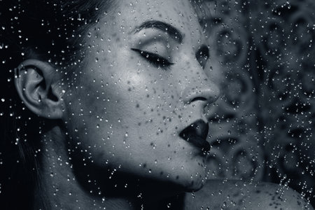 Portrait of beautiful and sensual woman captured through wet glassの写真素材