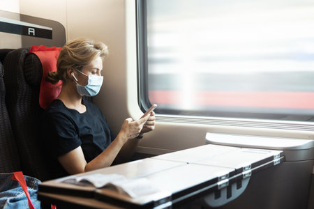 Young woman wearing medical face mask using smartphone while riding a train during her journeyの写真素材