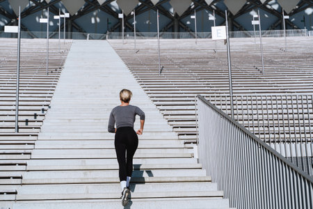Woman athlete wearing female sportswear running and exercising on staircase between bleachers of outdoor stadiumの写真素材