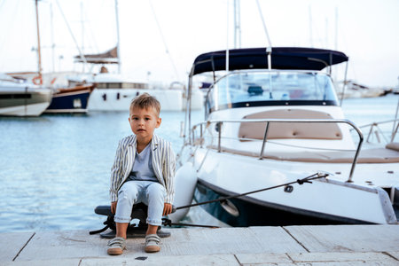 Cute stylish boy sitting on the pier near yacht in marinaの写真素材