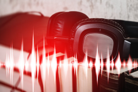 Real books, headphones and sound waveform. Audiobook listeningの写真素材
