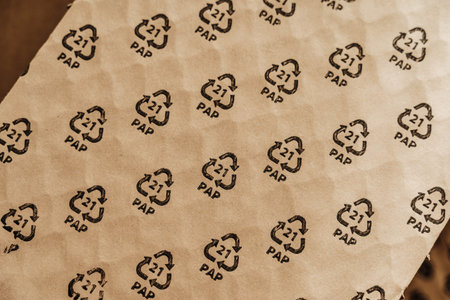 Closeup shot of Cardboard Waste with PAP 21 symbol. Concepts of Paper Recycling and Waste Sorting