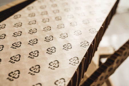 Closeup shot of Cardboard Waste with PAP 21 symbol. Concepts of Paper Recycling and Waste Sortingの写真素材