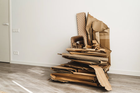 Stack of Cardboard Waste with PAP 21 symbol. Concepts of Paper Recycling and Waste Sortingの写真素材