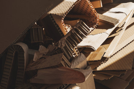 Stack of Cardboard Waste in sunlight. Concepts of Paper Recycling and Waste Sortingの写真素材