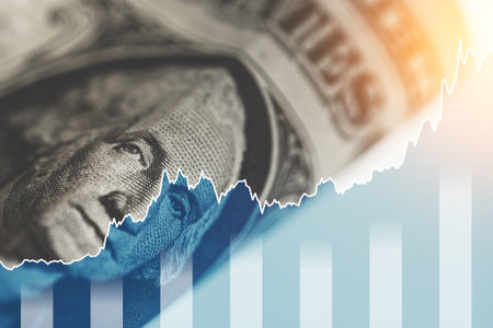 USD bill with raising sparkline chart. Concept of Economic growth raise of inflation or federal debtの写真素材