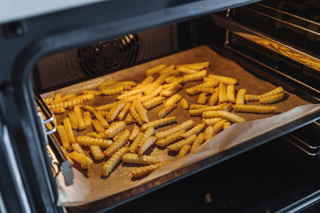Crispy French fries spread out on an oven tray, lined with baking paperの写真素材