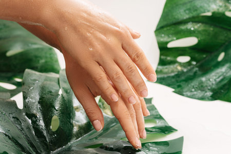 Closeup of wet female hands with moisturized oily skin and tropical leaf