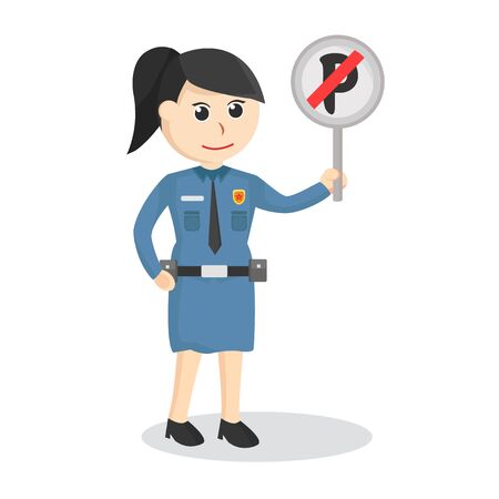 female police with a sign that parking is  prohibited illustrationのイラスト素材