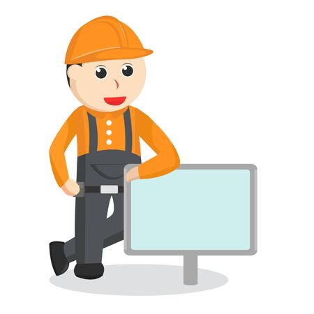 Cuntruction worker standing beside sign illustratorのイラスト素材