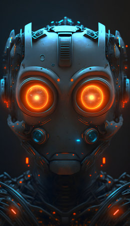 Robot face with red glowing eyes. Robot portrait. Generative AI digital illustrationの素材