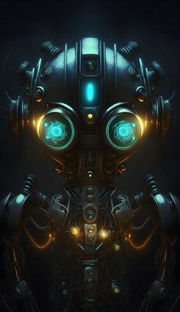 Robot with blue glowing eyes. Generative AI digital illustrationの素材