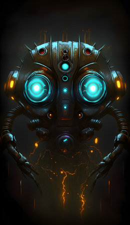 Robot face with light blue glowing eyes. Robot portrait. Generative AI digital illustrationの素材