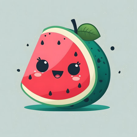 Cute half sliced watermelon berry with kawaii face and leaf. Funny, cheerful and friendly food faces. Chibi happy cartoon characters. Generative AI vector illustration.の素材