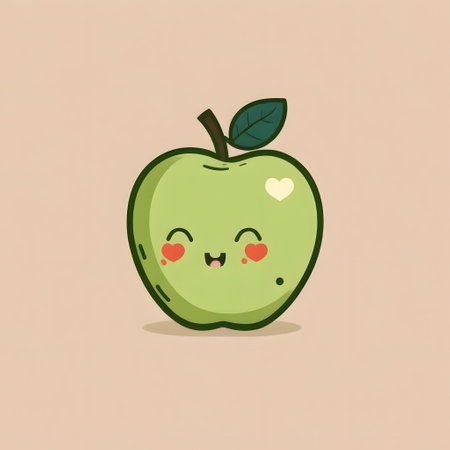 Cute little green apple fruit with kawaii face. Funny, cheerful and friendly food faces. Chibi happy cartoon characters. Generative AI vector illustration.の素材
