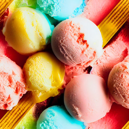 Balls of delicious ice cream. Grocery seamless pattern background. Top view. Generative AI.の素材