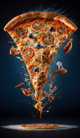 One enlarged large piece of pizza floating in the air while a small full pizza lying underneath. Generative AI.の素材