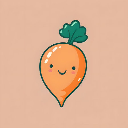 Cute little smiling carrot vegetable with kawaii face. Funny, cheerful and friendly food faces. Chibi happy cartoon characters. Generative AI vector illustration.の素材