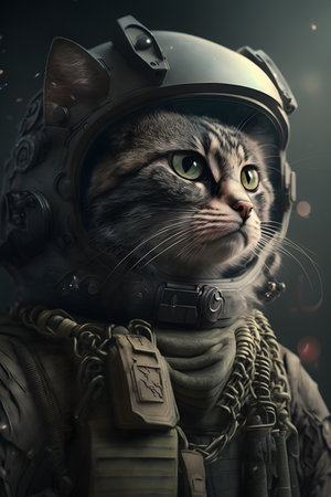 Portrait of a cat dressed as a soldier. The cat is wearing an army uniform and a military helmet. Photo-realistic Generative AI illustration.の素材