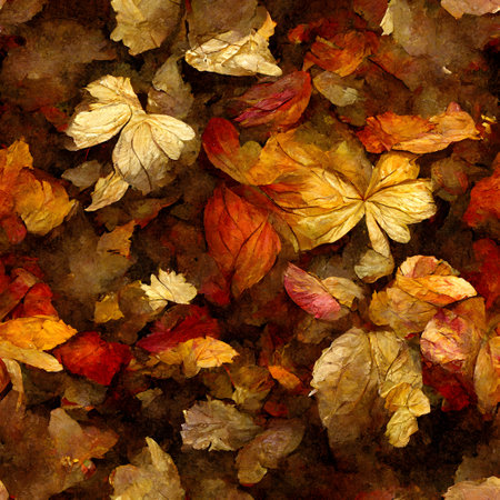 Painting of autumn leaves. Seamless autumn pattern background with different leaves. Generative AI.の素材