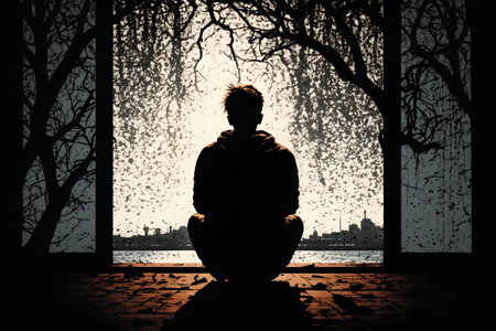 Silhouette illustration of a depressed sad man sitting cross-legged inside a building on the ground and looking towards a distant skyscraper city. Generative AI.の素材