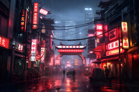 Cyberpunk Japan night city Generative AI illustration. Big futuristic town with busy streets, visible skyscrapers far away in the fog, eateries and neon light signs.の素材
