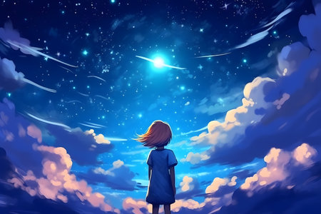 A beautiful picture of a girl standing in the center and looking at the magical night cloudy sky and the light coming from a big star. Made with Generative AI.の素材