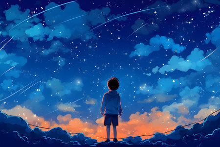 A little boy looks up at a sky full of stars with an orange sunset already fading into the night. Generative AI illustration in cartoon anime style.の素材