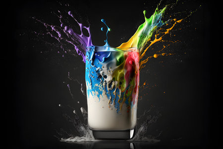 Glass of milk splash with rainbow colors on black background. Created with Generative AI.の素材