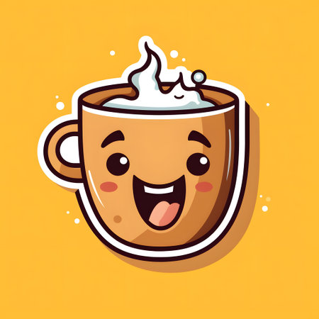 Cup of hot drink with emoji or kawaii face. Funny cartoon character, coffee or cappuccino mug mascot. Generative AI illustration on a clean and solid color background.の素材
