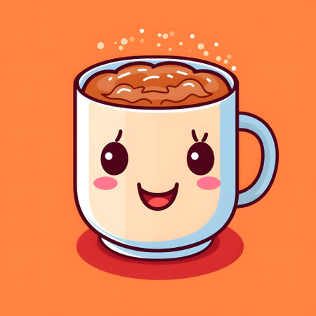 Cup of hot drink with emoji or kawaii face. Funny cartoon character, coffee or cappuccino mug mascot. Generative AI illustration on a clean and solid color background.の素材