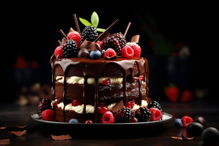 Tasty and delicious chocolate cake with various fruits and berries. Professional food photography made by Generative AI.の素材