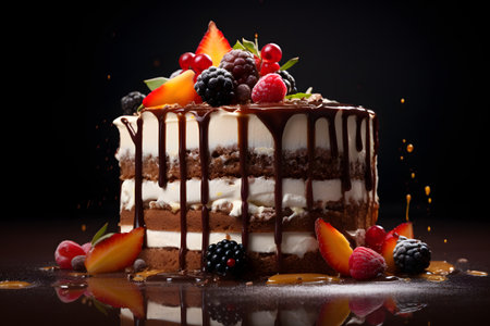 Tasty cake with various fruits and berries. Professional food photography made by Generative AI.の素材