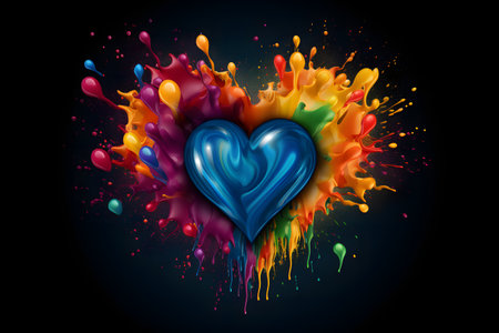 Abstract colorful heart shape splash on black background.の素材