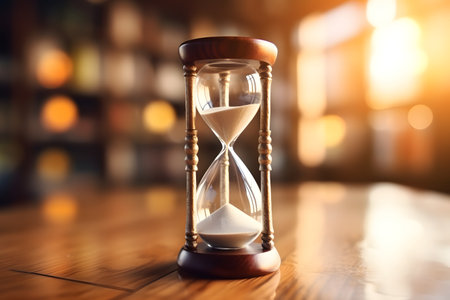 Hourglass on a wooden table with bokeh background in a blurry library full of books.の素材
