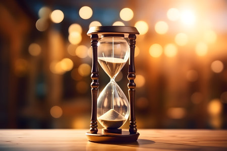 Hourglass on a wooden surface. Blurry bokeh background.の素材