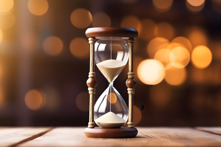 Hourglass on a wooden surface. Blurry bokeh background.の素材