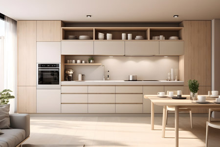 Minimalist modern clean kitchen interior design in minimal beige colors, warm and cozy feeling, clear space.の素材