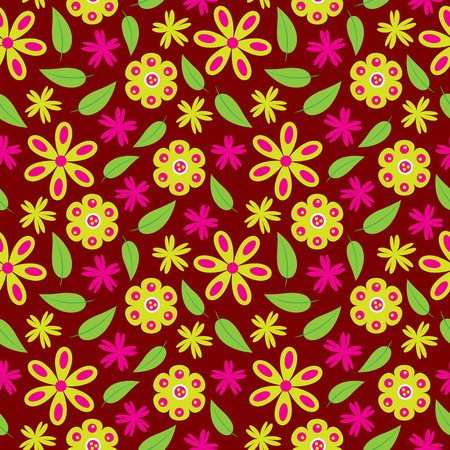 Flower seamless pattern with green and pink flowers vector on red background for wallpaper, fabric, and backdropのイラスト素材