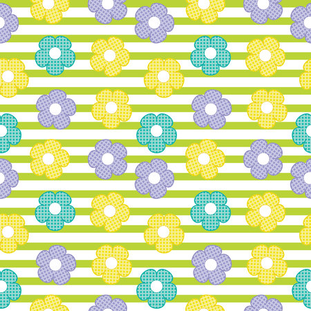 Colorful flower seamless pattern on striped background for baby clothes background and wallpaper, vector cartoonのイラスト素材