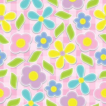 Yellow, Cyan, pink and purple flowers seamless pattern on pink box background vector design for fabric clothes background, backdrop and wallpaperのイラスト素材