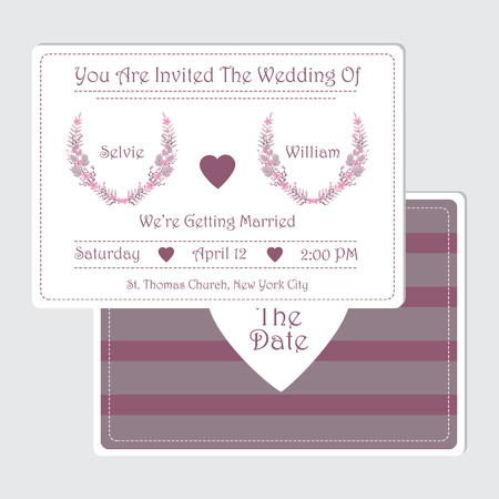 Wedding invitation card vector design template with pink and purple flower frame for wedding postcard and stationery paper.のイラスト素材