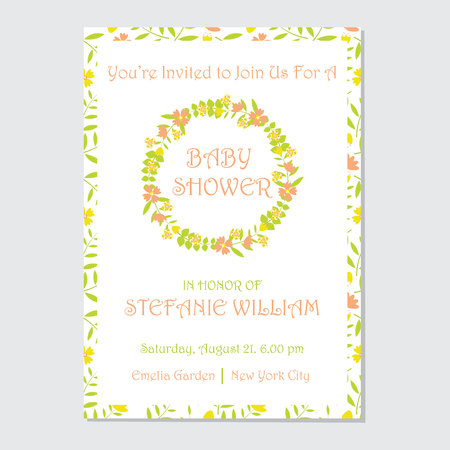 Baby Shower invitation card vector design template with yellow and orange flowers wreath for baby shower postcard and stationery paper.のイラスト素材
