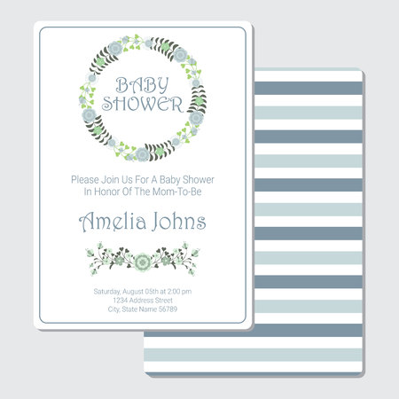 Baby shower invitation card vector design template with turquoise and green flowers wreath.のイラスト素材