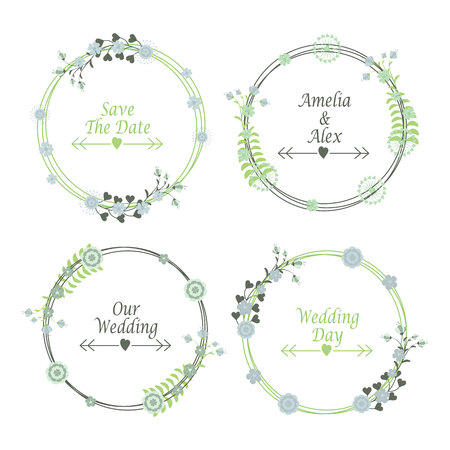 Floral wedding label set vector design template with turquoise and green flowersのイラスト素材
