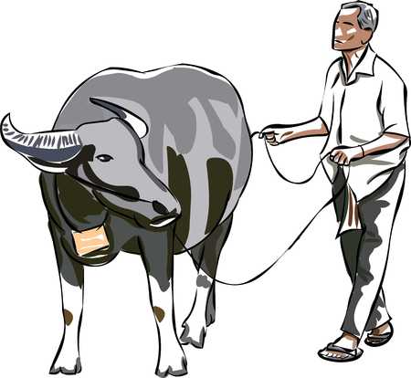 Farmer and his buffaloのイラスト素材