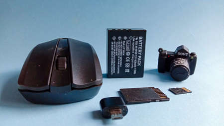 Wadaslintang, 24 February 2021, Photo memory card, mouse, flash disk, camera battery, SD card in black memory card, mouse, flash, camera battery, SD card in blackのeditorial素材