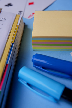 Photo of book stationery, color markers and color notesの写真素材